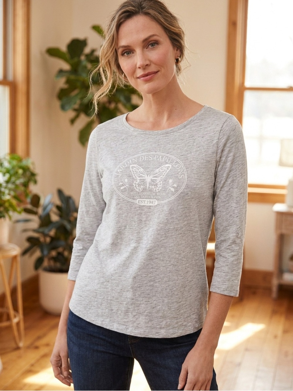 Talbots Light Gray Long Sleeve Butterfly Graphic Tee